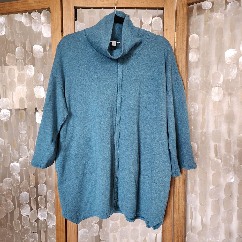 Pure Jill Lagenlook Oversized Tunic Top Teal Blue Cozy Soft Knit Womens S